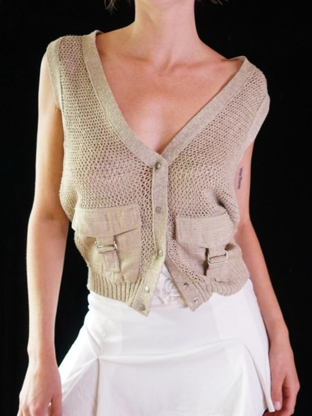 Beige Knit V-Neck Button Front Sweater Vest